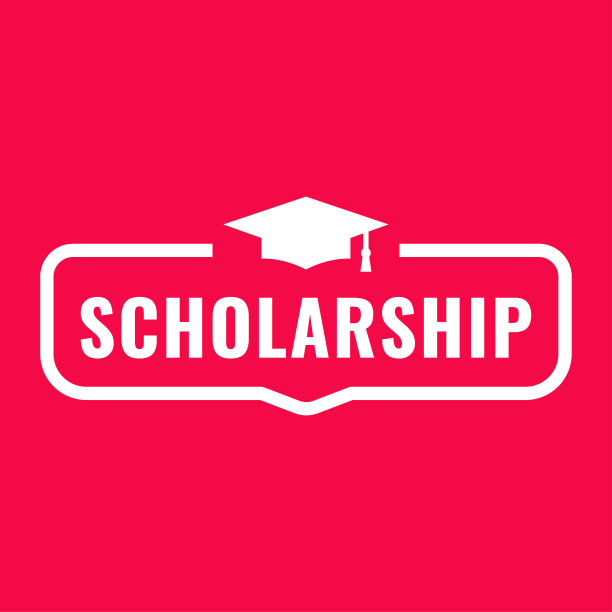 奖学金。徽章与毕业帽图标。平面矢量插图上的红色背景。图片下载