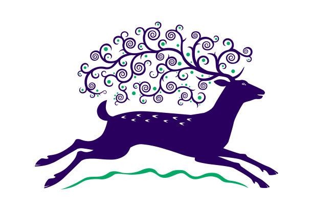 彩色图形逼真的驯鹿剪影与大装饰，装饰性的角。新年的动物跑或跳。矢量，背景隔离。图片下载