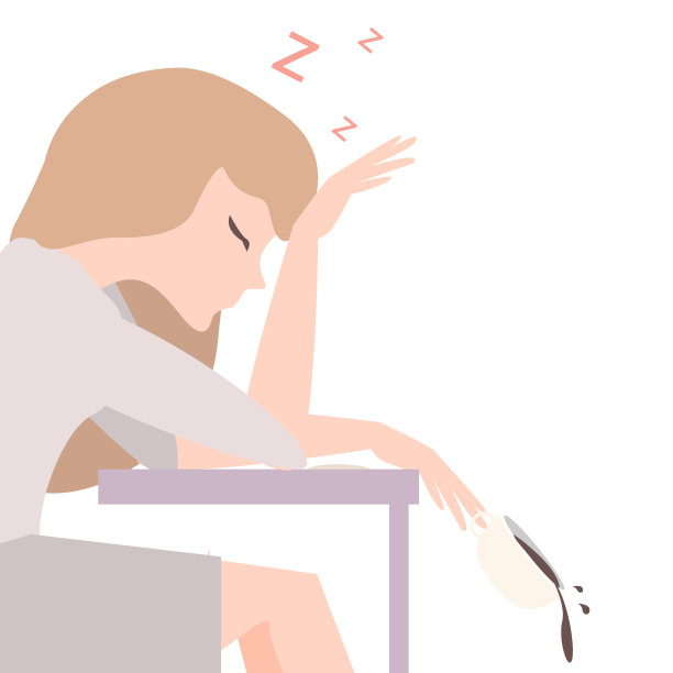 女人睡觉的时候桌上放着咖啡。办公室感冒。素材图片