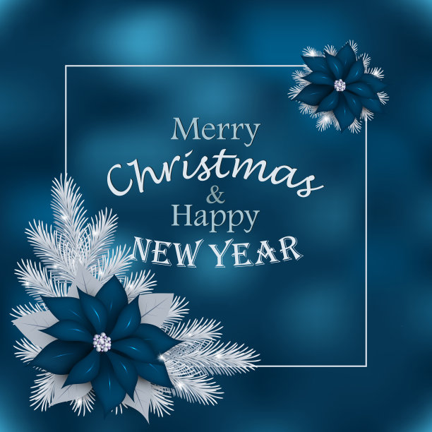 有冷杉树枝和蓝色花朵的圣诞卡图片下载