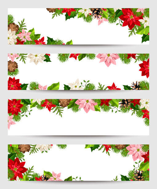 挂着冷杉枝和一品红花的圣诞横幅。图片下载