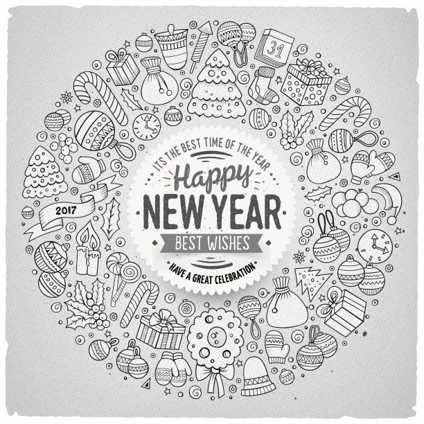 一套新年卡通涂鸦物体圆框架图片下载