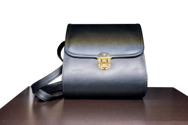 黑色皮革女人包孤立在白色背景。老式时尚钱包与金锁。图片下载