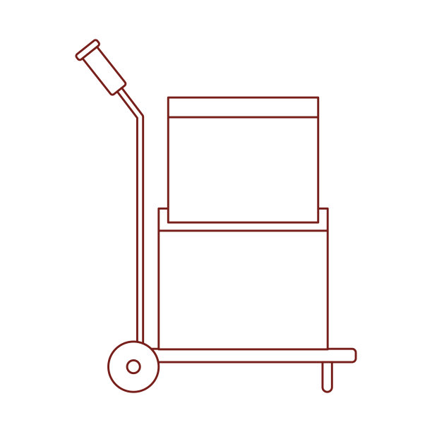 用厚纸板箱堆砌并密封在暗红色轮廓的手推车图片下载