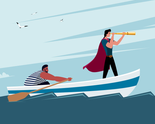 两个人在一艘船上:一个人透过单片眼镜看，另一个人划船图片下载