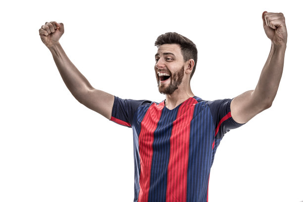 球迷/运动员穿着蓝色和红色制服在白色背景下庆祝图片下载