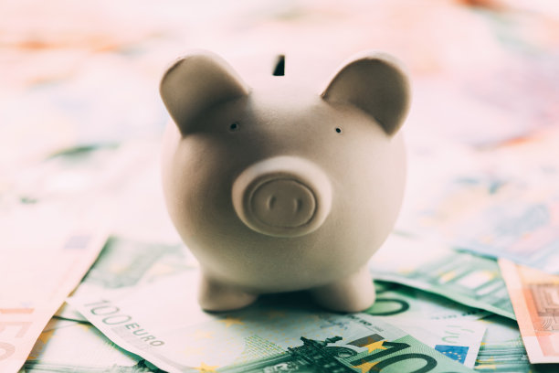 装有欧元现金的小猪储蓄罐图片下载