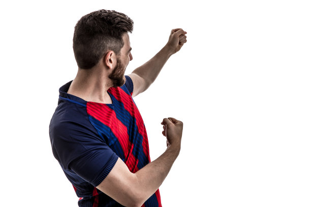 球迷/运动员穿着蓝色和红色制服在白色背景下庆祝图片下载