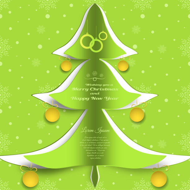 矢量纸艺术圣诞快乐和新年快乐与剪影形式的绿色圣诞树，文字，挂黄色的球在绿色梯度的背景。图片下载