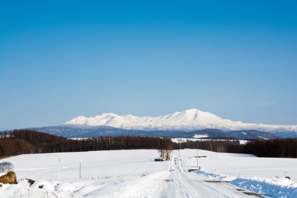 白雪皑皑的路和白雪皑皑的山。Daisetu图片下载