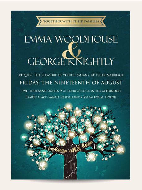 美丽的婚礼请柬，装饰着盛开的树。复古的邀请模板与发光的花环图片下载