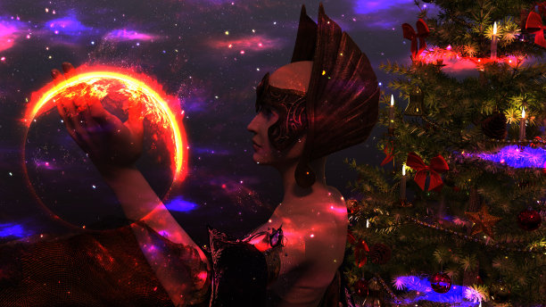 在太空背景上有一棵圣诞树的女精灵图片下载