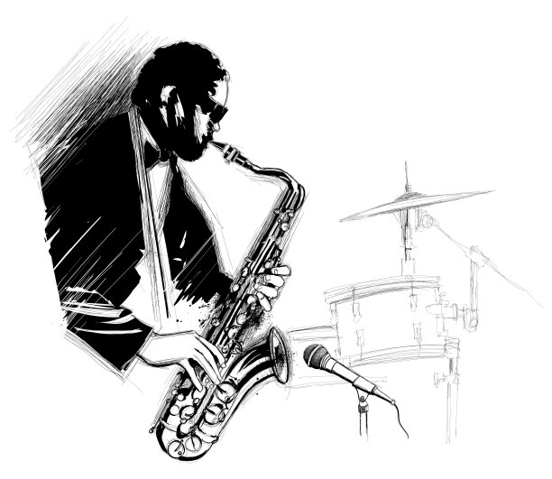 萨克斯管手，麦克风和鼓图片下载