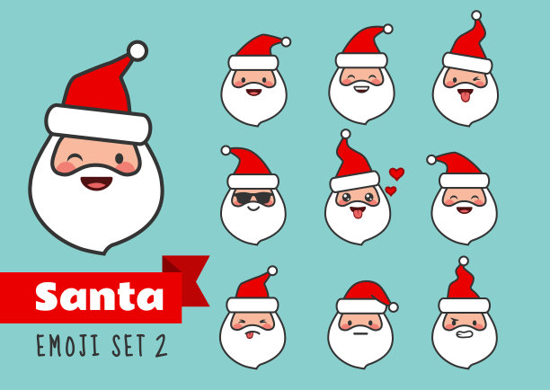 向量卡通简单的直线圣诞老人表情集。可爱和有趣的不同情感圣诞老人脸贴纸头像收集。圣诞节日主题人物设计元素孤立。图片下载