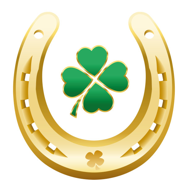 新年快乐的象征-四叶草和金马蹄正确地与开放的一面向上获得幸福，成功，财富，财富，健康，繁荣和好运明年。图片下载