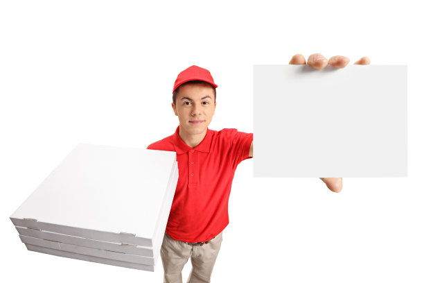 十几岁的披萨外卖小哥拿着一堆披萨盒和一张空白卡片图片下载