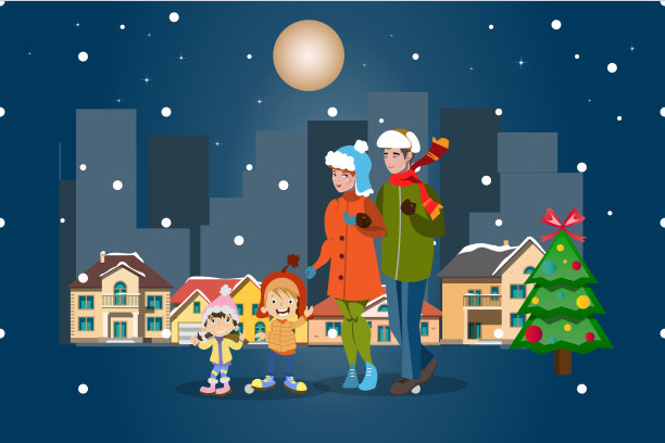 家庭冬季城市景观。圣诞快乐。图片下载