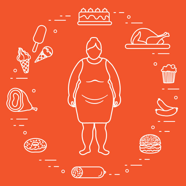 周围有不健康生活方式标志的胖女人。不良的饮食习惯。图片下载