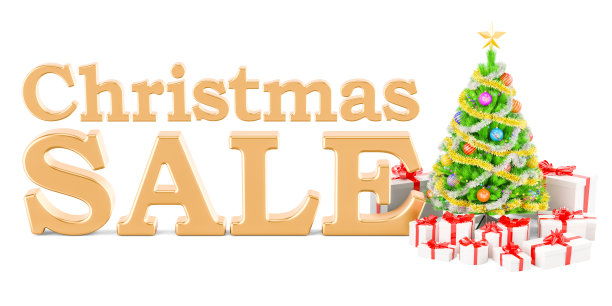 圣诞特卖金字圣诞树和礼品盒。三维渲染图片下载