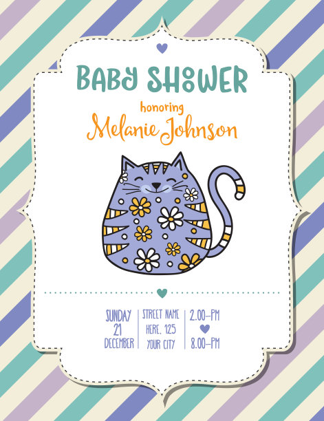 宝宝淋浴卡模板与胖胖的涂鸦猫图片下载