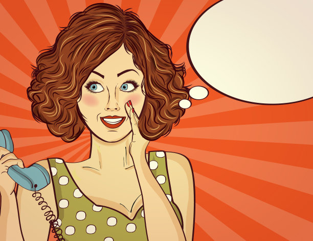 漂亮的红发女士，对着复古手机说话素材图片