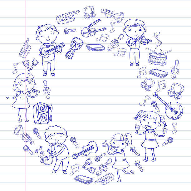 儿童音乐学校矢量插图儿童唱歌，弹奏乐器幼儿园涂鸦图标收集插图为儿童音乐课图片下载