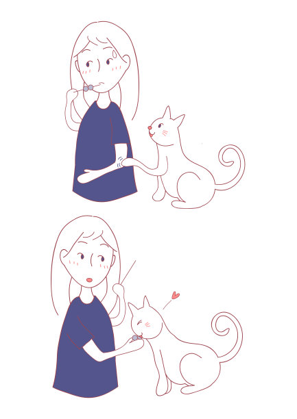 猫向女孩要食物。矢量插图。图片下载