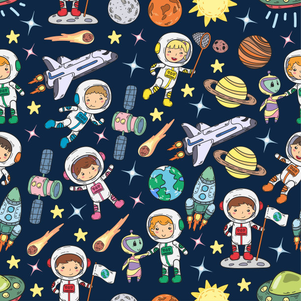 太空幼儿园，学校天文课儿童，涂鸦儿童插画Ufo，外星人，月球表面，地球，木星，土星，火星矢量图标图片下载