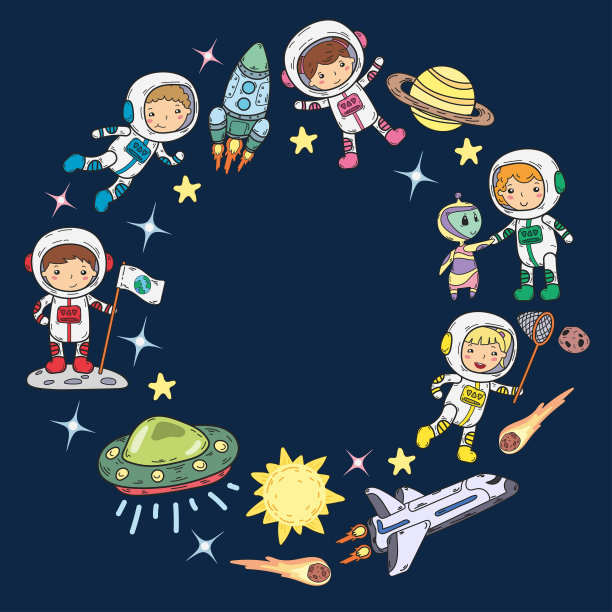 太空幼儿园，学校天文课儿童，涂鸦儿童插画Ufo，外星人，月球表面，地球，木星，土星，火星矢量图标图片下载