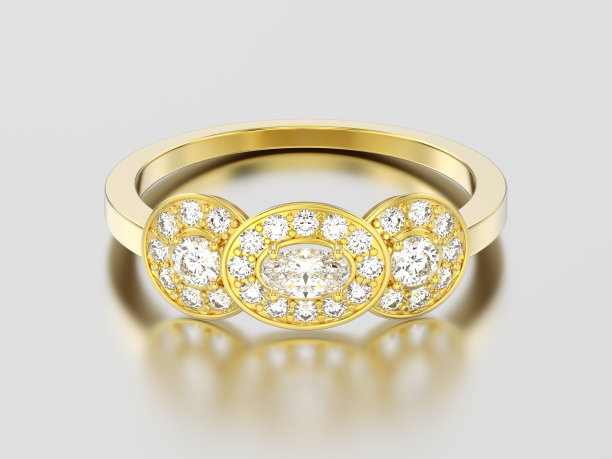 3D插图黄黄金三石单人订婚戒指图片下载