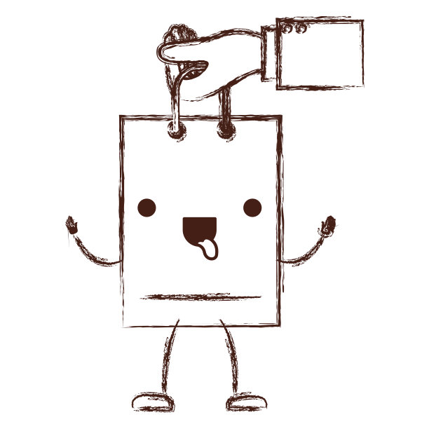 手握动画卡哇伊购物袋在单色模糊剪影图片下载