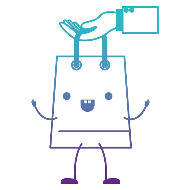 手握动画卡哇伊梯形购物袋在退化蓝色到紫色的颜色轮廓图片下载