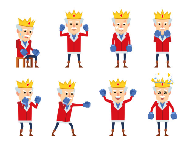 一组有趣的国王人物与拳击手套摆姿势图片下载