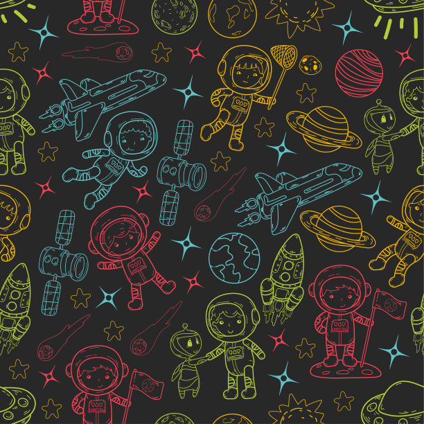 太空幼儿园，学校天文课儿童，涂鸦儿童插画Ufo，外星人，月球表面，地球，木星，土星，火星矢量图标图片下载