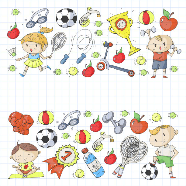 孩子的运动。孩子们画的。幼儿园，学校，大学，幼儿园。足球，足球，网球，跑步，拳击，橄榄球，瑜伽，游泳图片下载
