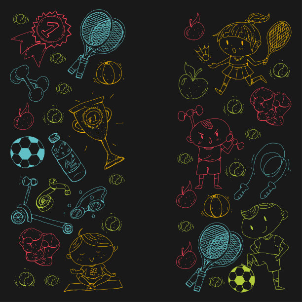 孩子的运动。孩子们画的。幼儿园，学校，大学，幼儿园。足球，足球，网球，跑步，拳击，橄榄球，瑜伽，游泳图片下载