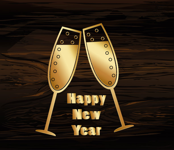 圣诞节 - 金色香槟酒杯造型图案，新年快乐矢量背景素材。节日贺卡或深色木纹背景邀请函图片下载