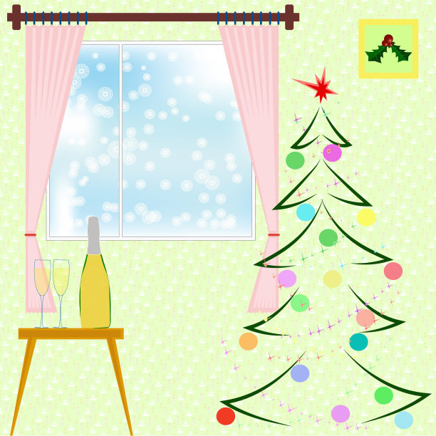 圣诞树、冬青、装饰品和香槟。平风格向量图片下载