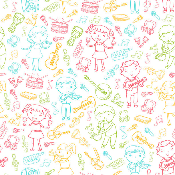 儿童音乐学校矢量插图儿童唱歌，弹奏乐器幼儿园涂鸦图标收集插图为儿童音乐课图片下载