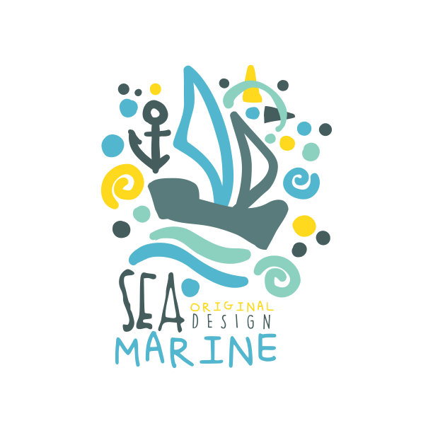 海洋海洋原始符号设计模板与船舶或游艇漂浮在抽象的波浪。手绘彩色创意矢量插图孤立在白色图片下载