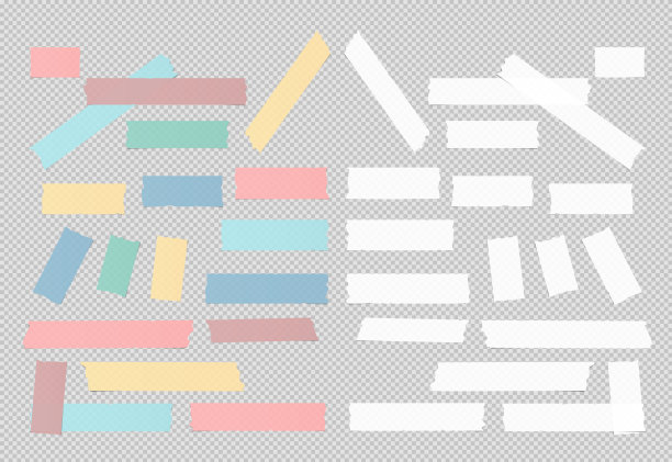 套彩色和白色不同大小的胶粘剂，胶带，纸片在灰色背景上图片下载