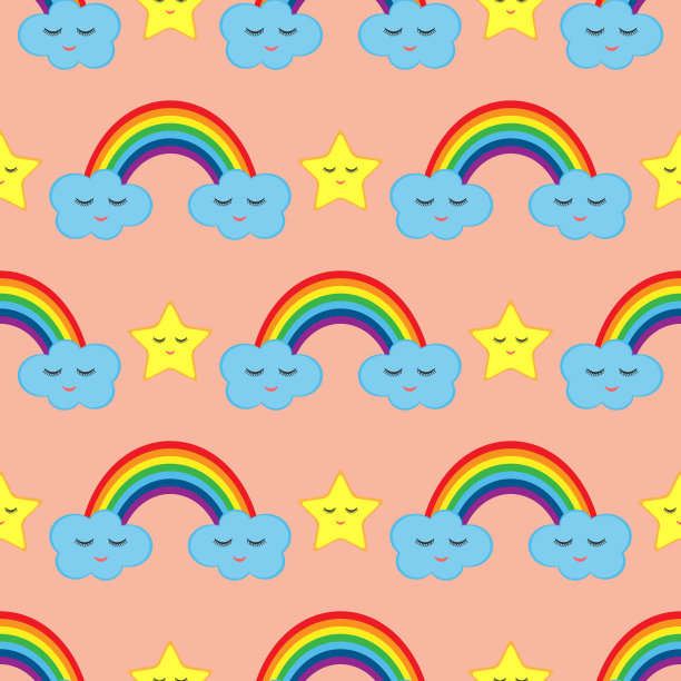 彩虹，云彩和星星，闭着眼睛。婴儿无缝模式。图片下载