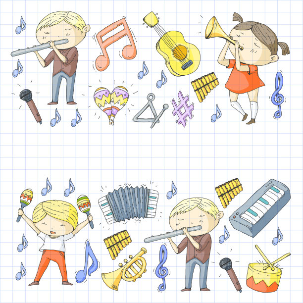 Vector音乐学校音乐剧场幼儿园儿童与乐器鼓，长笛，手风琴，小号，钢琴音乐表演和学龄儿童儿童管弦乐队图片下载