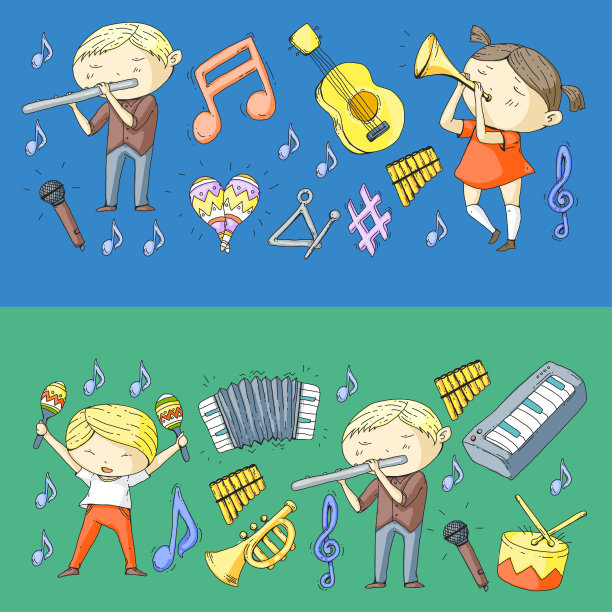 Vector音乐学校音乐剧场幼儿园儿童与乐器鼓，长笛，手风琴，小号，钢琴音乐表演和学龄儿童儿童管弦乐队图片下载