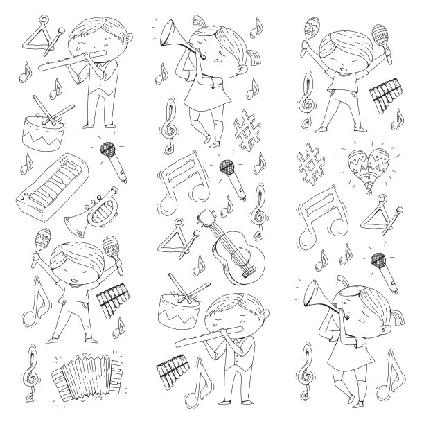 Vector音乐学校音乐剧场幼儿园儿童与乐器鼓，长笛，手风琴，小号，钢琴音乐表演和学龄儿童儿童管弦乐队图片下载