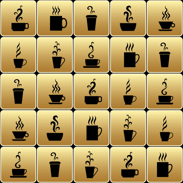 金瓷砖和热饮在杯子和杯子。矢量模式。图片下载