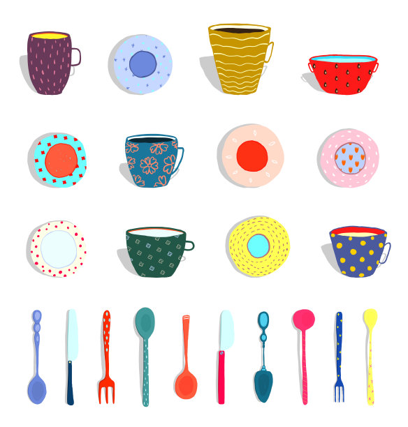 杯子，杯子，盘子，盘子，银器收集图片下载