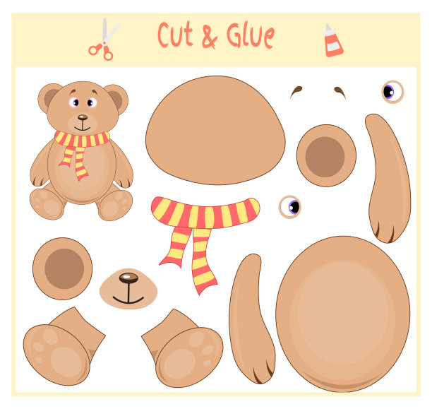 教育纸游戏有利于学龄前儿童的发展。把图像的一部分剪下来，粘在纸上。矢量插图。用剪刀和胶水创建贴花。熊在围巾。泰迪图片下载
