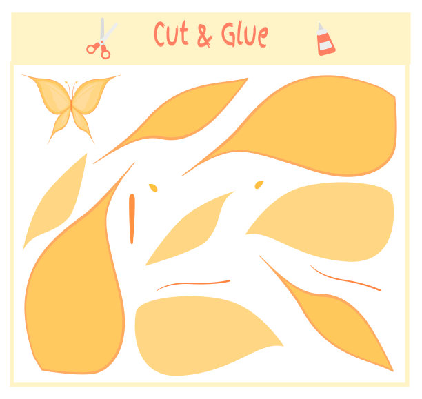 教育纸游戏有利于学龄前儿童的发展。把图像的一部分剪下来，粘在纸上。矢量插图。用剪刀和胶水创建贴花。蝴蝶图片下载