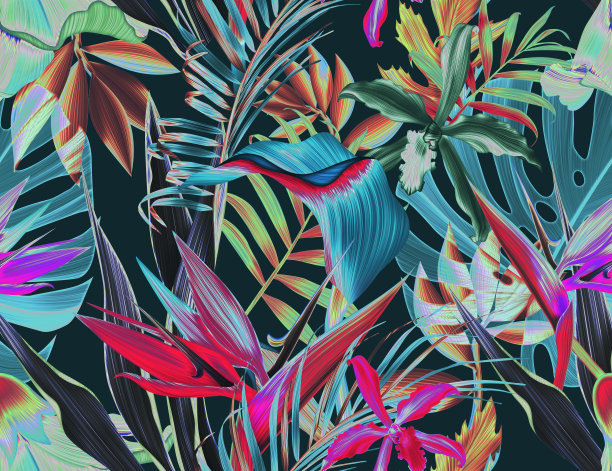 热带无缝图案与彩虹色。五颜六色的叶子和花朵。素材图片